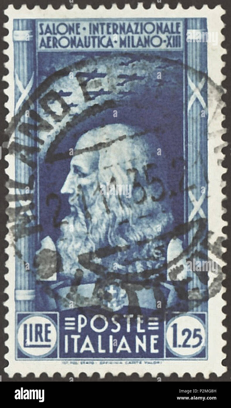 . Stempel des Königreichs Italien; 1935; commemmorative Stempel zum "1. internationalen Luftfahrt Salon" im Jahr 1935 in Mailand; Zeichnung eines Portrait von Leonardo da Vinci unter dem Himmel mit Flugzeugen; zwei Linien Inschrift im oberen mittleren Bereich: Allein * INTERNAZIONALE/AERONAUTICA * MILANO * XIII' (= Italienisch für "! st International Aeronautical Salon, Mailand, 13' (= das Jahr 13 der faschistischen Ära) (Die Aeronautica Salon in Mailand war der dann Italienisch Parallelveranstaltung zum Salon aeronautique in Paris.); Zeichnung mit zwei FASCHISTISCHE "fascio" als Seite Ornamente; abgestempelt in Milano (Region Lombardei) Stockfoto