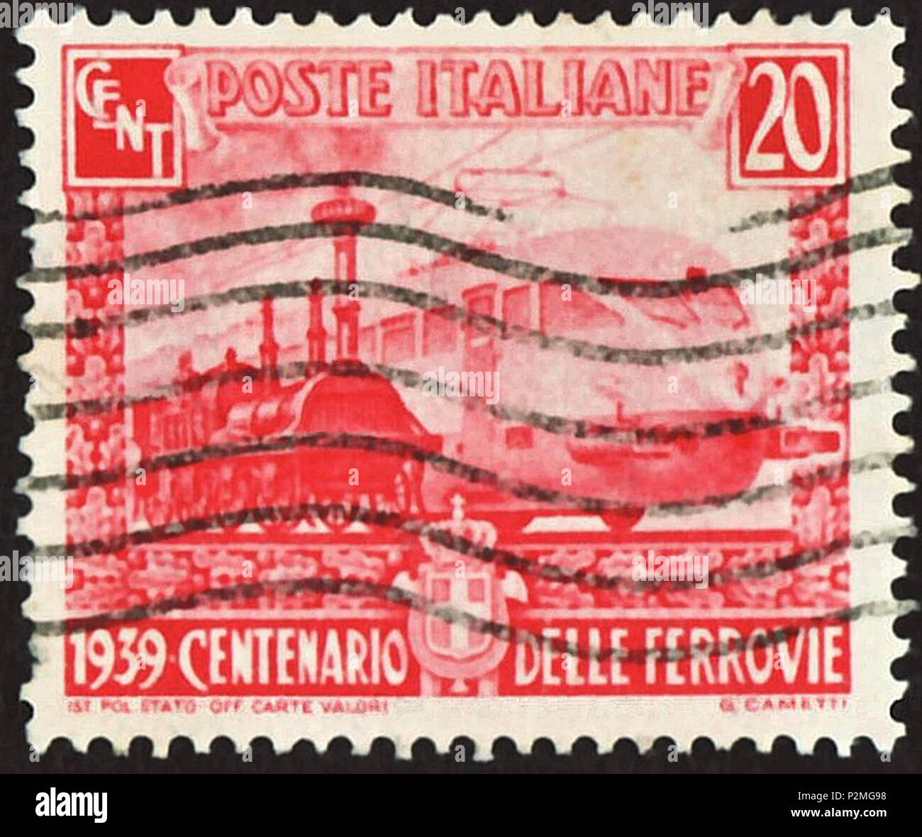 Englisch: Stempel des Königreichs Italien; 1939; Briefmarke des Problems  "Centenario delle Ferrovie Italiane (= Italienisch für "100 Jahre  italienische Bahn (15 Dezember 1939)'); Stempel mit der Zeichnung der erste  italienische Eisenbahn