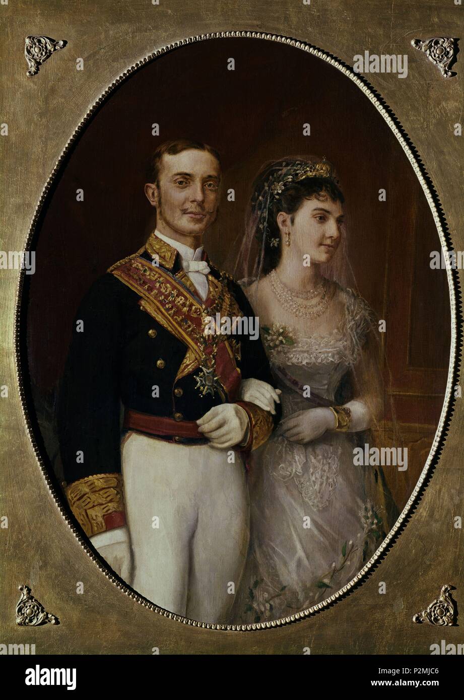 ALFONSO XII Y MARIA DE LAS MERCEDES EL DIA DE SU BODA EL 23 DE ENERO DE 1878. Autor: ANONIMO SIGLO XIX. Lage: PALACIO REAL - PINTURAS, RIOFRÍO, Segovia, Spanien. Stockfoto