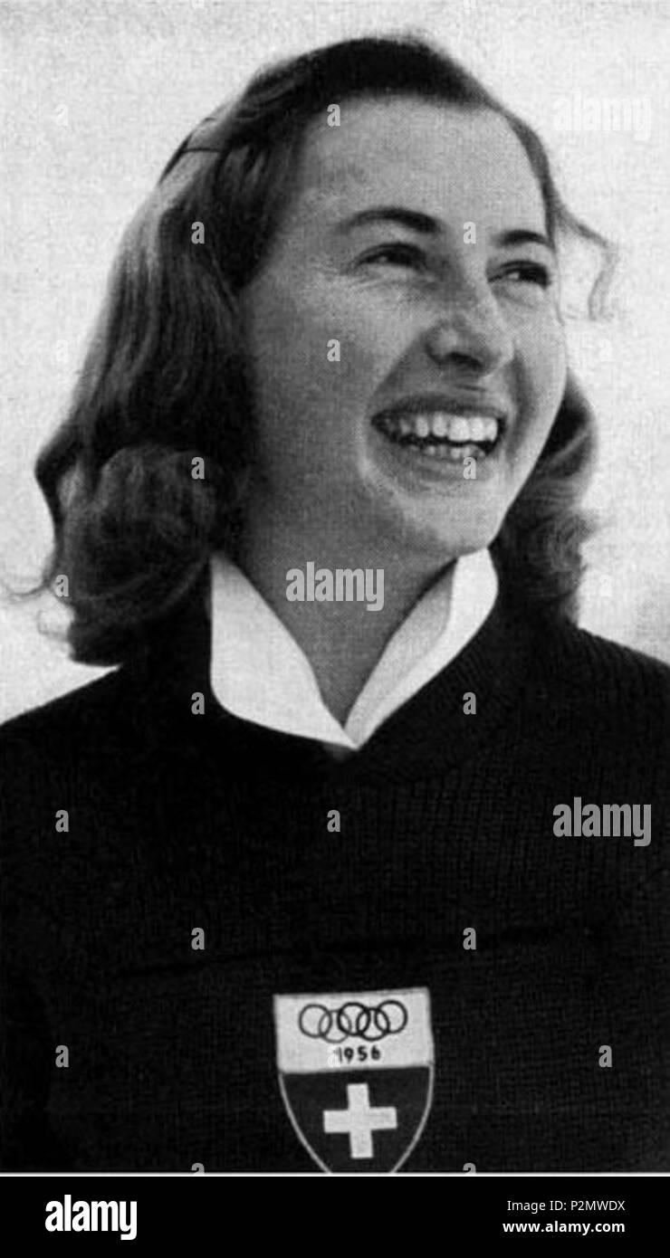 . Swiss Alpine Skifahrer Renée Colliard nach Slalom der Damen gewinnen bei den Olympischen Winterspielen 1956 in Cortina d'Ampezzo, Italien. 30. Januar 1956. Italienische Olympische Komitee 75 Renee Colliard Cortina 1956 Stockfoto