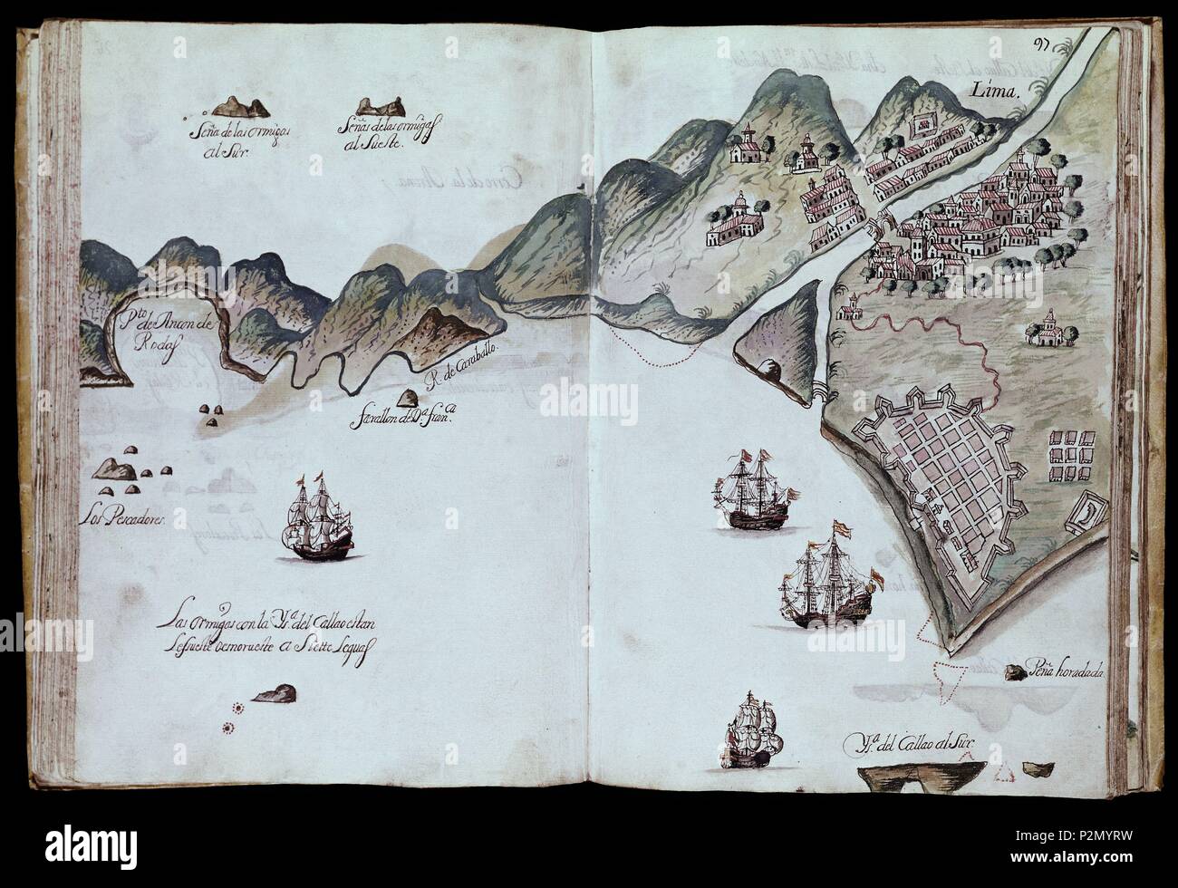 MS 2957 W 96 V Y 97 COSTA DEL PUERTO DE CALLAO - MAPA DEL SIGLO XVII. Lage: Biblioteca Nacional - COLECCION, MADRID, SPANIEN. Stockfoto