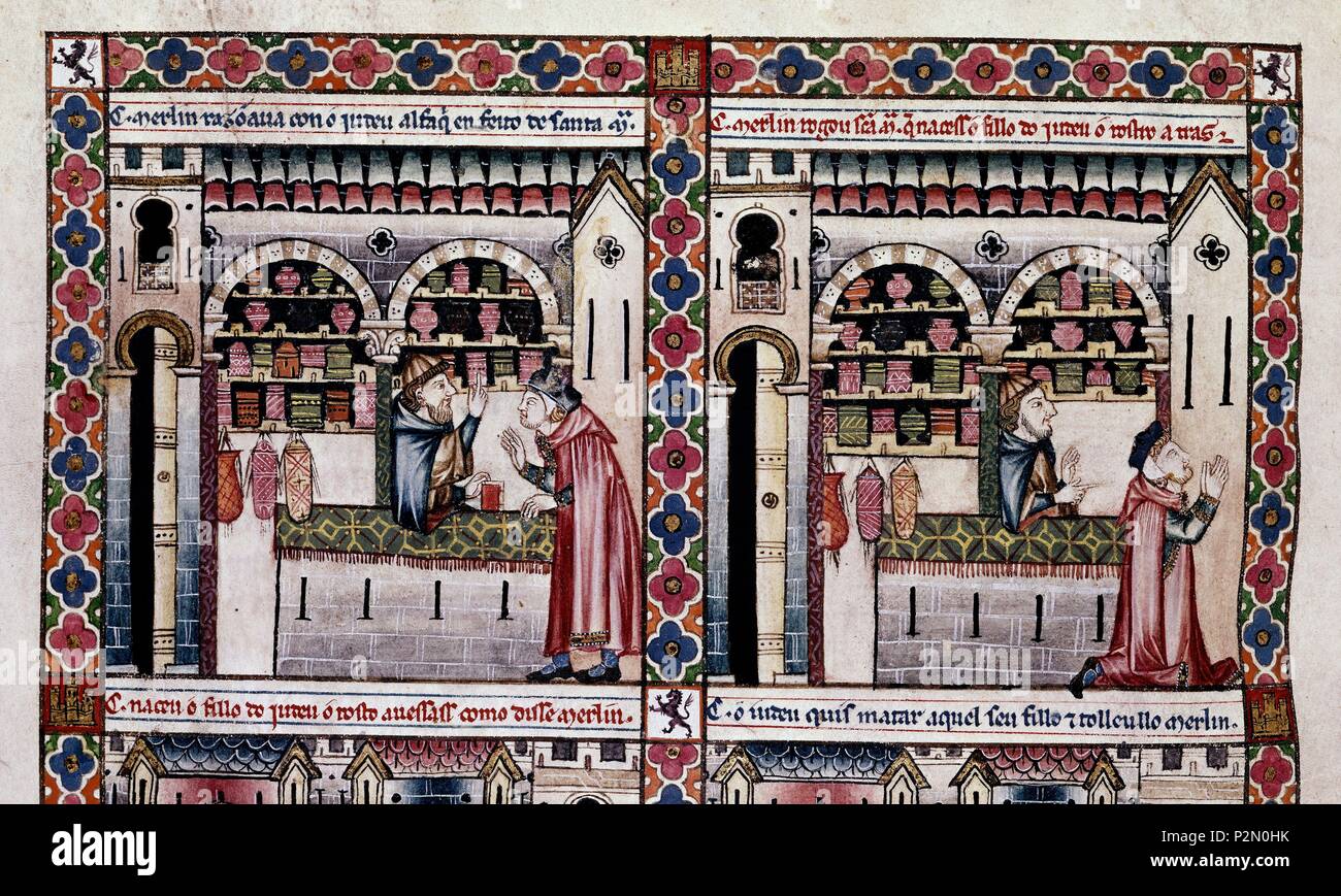 'Merlin Debatten mit einem jüdischen Salbei" (Detail), MTI 1, die Cantigas de Santa Maria, Nummer 108, F 155 V, 13. Autor: Alfons X. von Kastilien, der Weise (1221-1284). Lage: MONASTERIO - BIBLIOTECA - COLECCION, SAN LORENZO DEL Escorial, Madrid, Spanien. Stockfoto