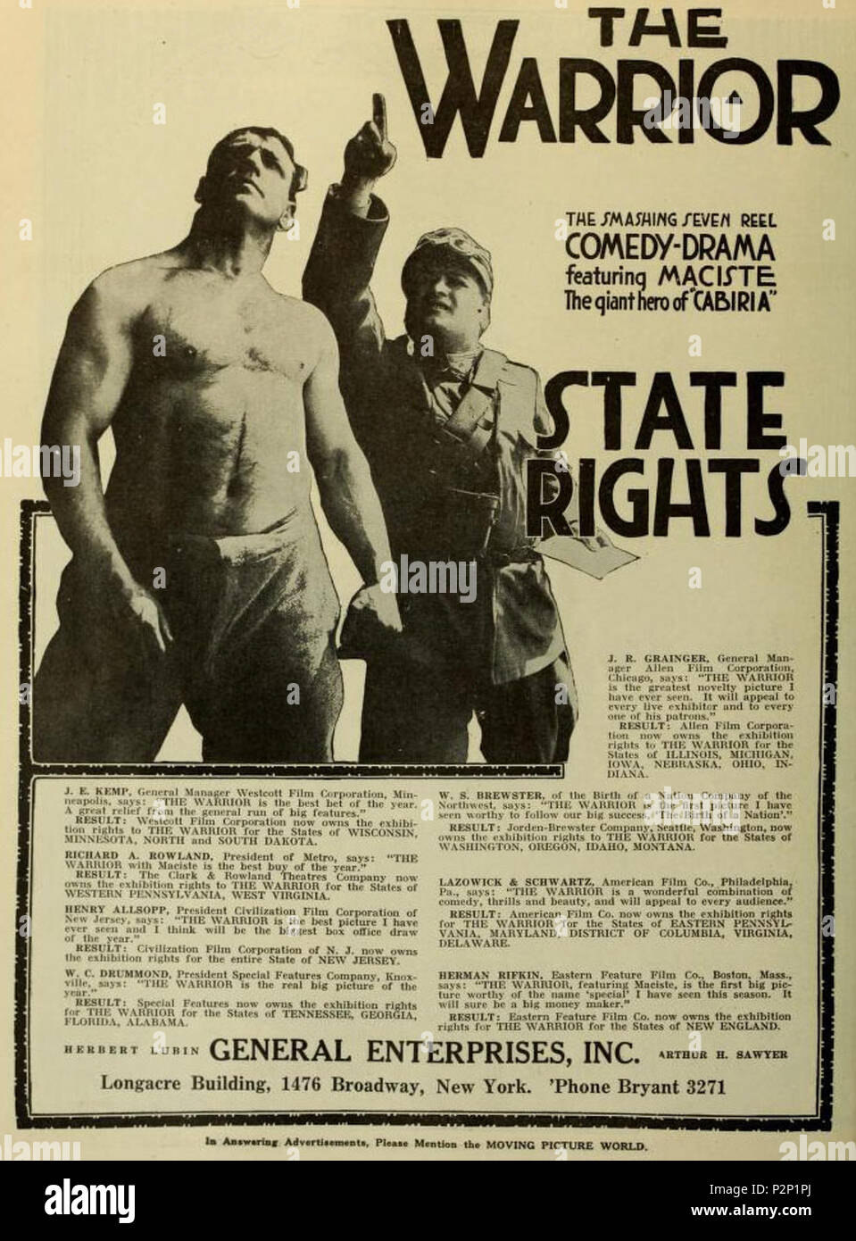 . Englisch: Werbung im bewegten Bild, Welt, Dez 1917 für den italienischen Film Maciste Alpino (1917) unter dem amerikanischen Titel der Krieger mit Bartolomeo Pagano. 1917. Itala Film/Allgemein Unternehmen (U.S. Distributor) 51 Maciste der Krieger Stockfoto