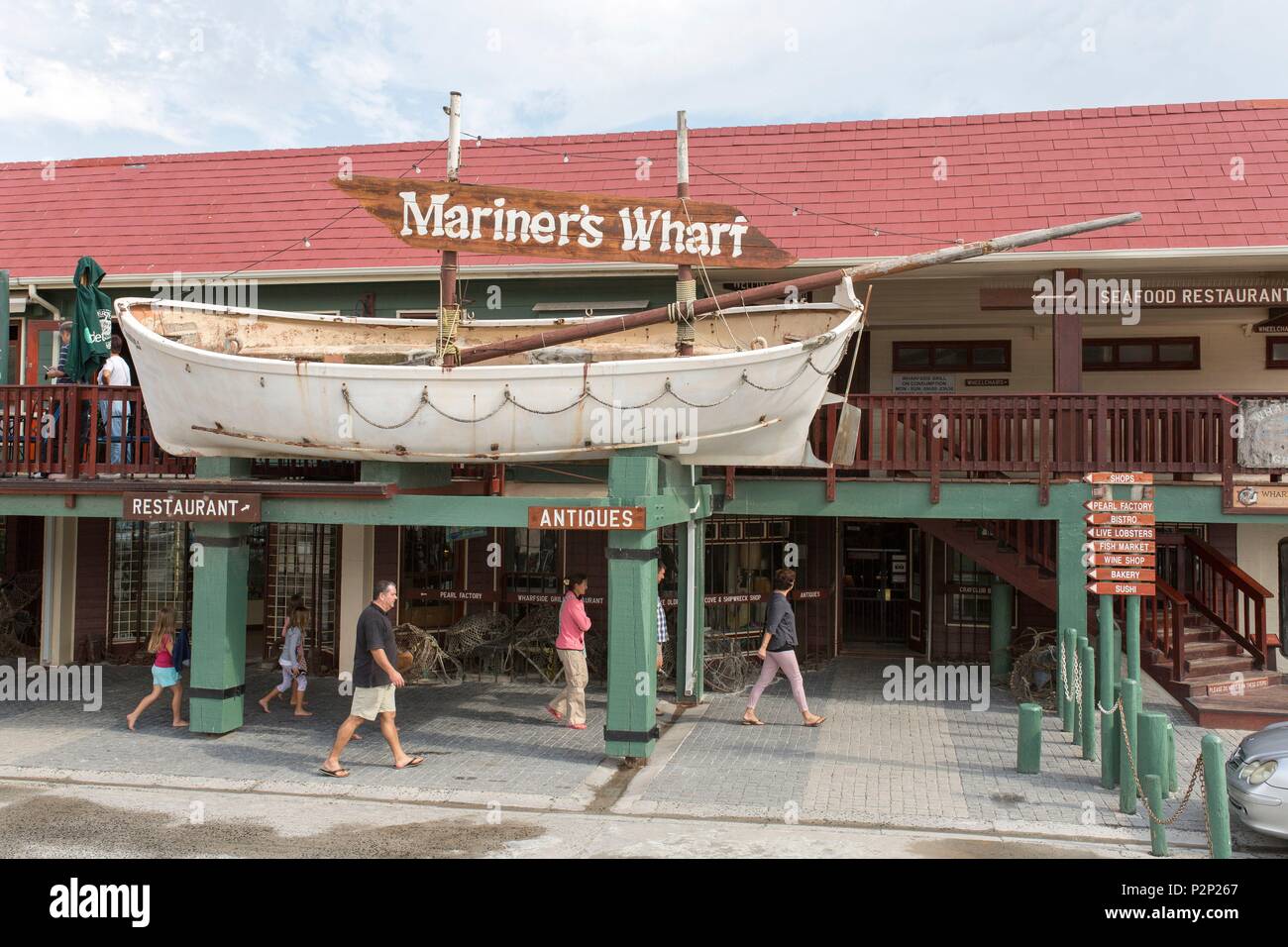 Südafrika, Western Cape, Mariner's Wharf Restaurant in Hout Bay Harbour Stockfoto