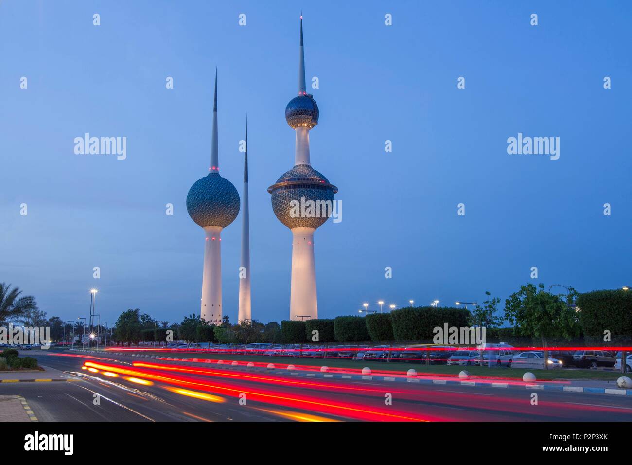 Kuwait, Persischer Golf, Kuwait City, Kuwait Towers, das Symbol des Landes, in der Bucht von Kuwait Stockfoto