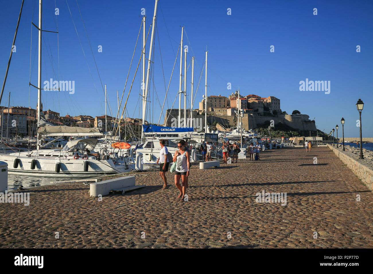 Frankreich, Haute Corse, Balagne, Calvi und Ihre genuesische Zitadelle von der Pier im Hafen gesehen Stockfoto