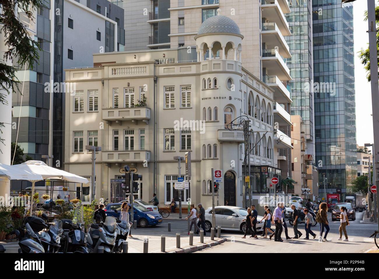 Israel, Tel Aviv, Downtown, Sderot (Boulevard) Rothschild, Pension Ginosar, auch als Ben Nahum Hotel, an der Ecke Allenby Road bekannt, Architekt Yehuda Magidovich, weiße Stadt, Architektur, der Jahre 1930/1950 Stockfoto