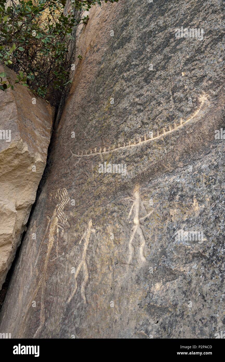Aserbaidschan, Gobustan, Gobustan Nationalpark, Gobustan Rock Art Kulturlandschaft, Darstellung von Jäger und ein Boot Stockfoto