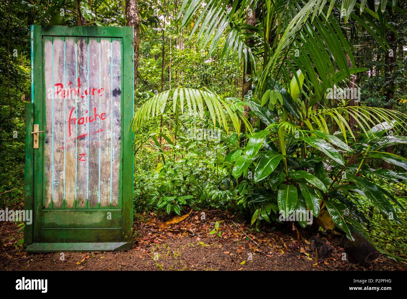 Frankreich, Französisch Guyana, Kourou, Wapa Lodge, ungewöhnliche Szene der Renovierung einer Tür in der Mitte des tropischen Unterholz Stockfoto