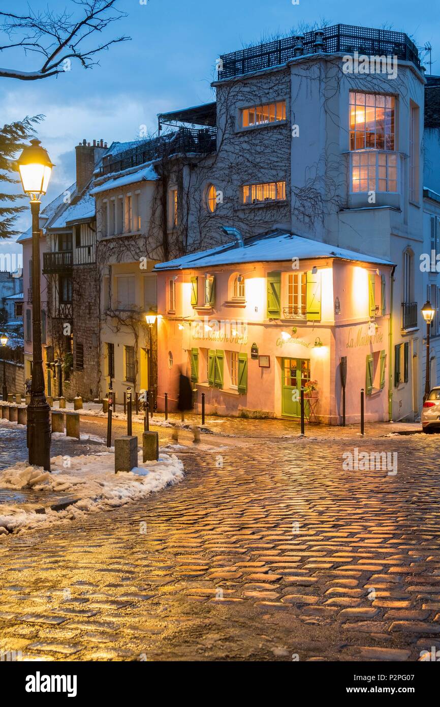 Frankreich, Paris, Montmartre, La Maison Rose, schneefälle am 07/02/2018 Stockfoto