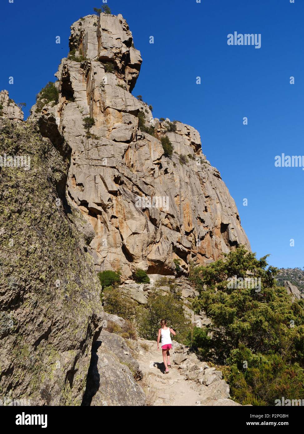 Frankreich, Haute-Corse (2B), Corte, Touristen auf dem Weg entlang der Schluchten des Tavignano, die dem Rossolinu Steg führt. Stockfoto