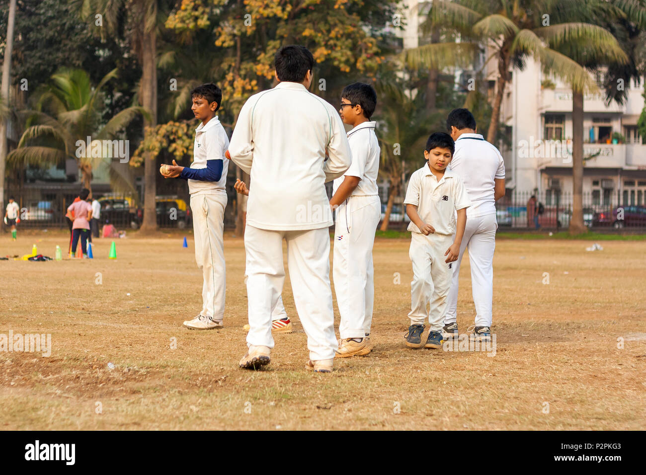 MUMBAI, INDIEN - Januar 14, 2017: Indische Kinder im Cricket net Üben zu verbessern cricketing Fähigkeiten Stockfoto