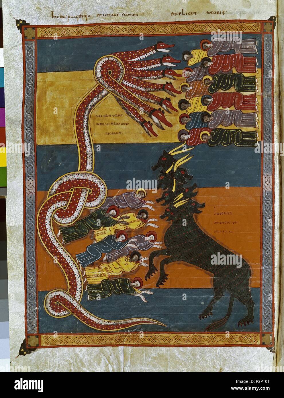 COMENTARIOS AL APOCALIPSIS-PG 191V, LA BESTIA Y EL DRAGON SOHN ADORADOS. Autor: Beatus von Liébana (C. 730 - C. 798). Lage: Biblioteca Nacional - COLECCION, MADRID, SPANIEN. Stockfoto