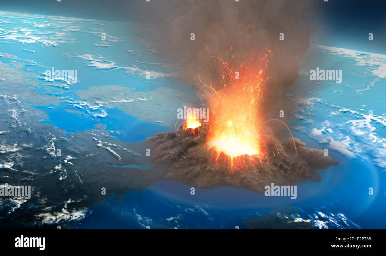 Abbildung: Ein ultra-plinianische Vulkanausbrüche gesehen aus einer Höhe von rund 40 km Diese Eruptionen form Aschewolken, die Dutzende Kilometer in den Himmel erreichen können. Schließlich die Aschewolke stürzt, das Senden von Lawinen von Staub, Asche und glühendes Gestein vom Ausbruch Website bei hohen Geschwindigkeiten, umarmen den Boden in einem so genannten pyroklastischen Strömen. Stockfoto