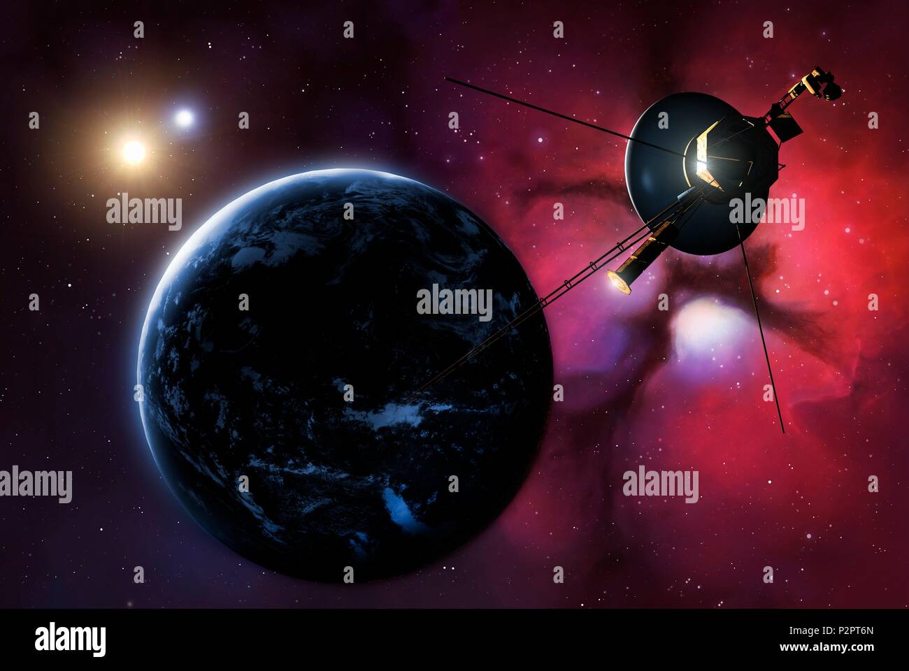 Abbildung: Eine der Voyager Sonden die Übergabe eines erdähnlichen Planeten umkreist ein Doppelsternsystem in der fernen Zukunft. Ein Nebel ist im Hintergrund zu sehen. Die beiden Voyager-sonden wurden in den späten 1970er Jahren ins Leben gerufen. Voyager 1 hat jetzt in den interstellaren Raum weitergegeben - über den Einfluss des Magnetfeldes der Sonne - und Voyager 2 ist so eingestellt, die in den frühen 2020-s zu tun. Stockfoto