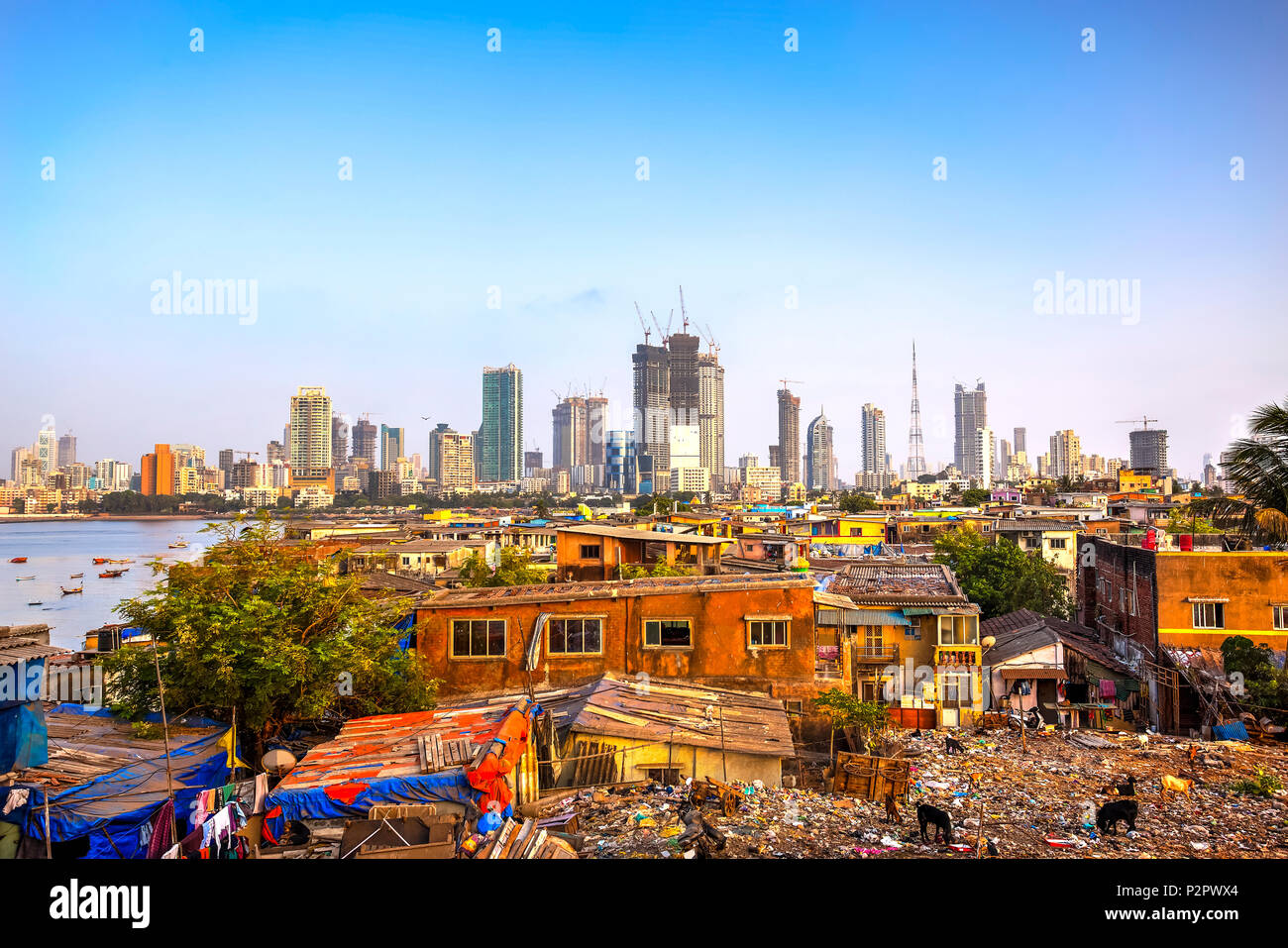 Mumbai Stadtbild mit einem großen Kontrast zwischen Armut und Reichtum, Maharashtra, Indien Stockfoto