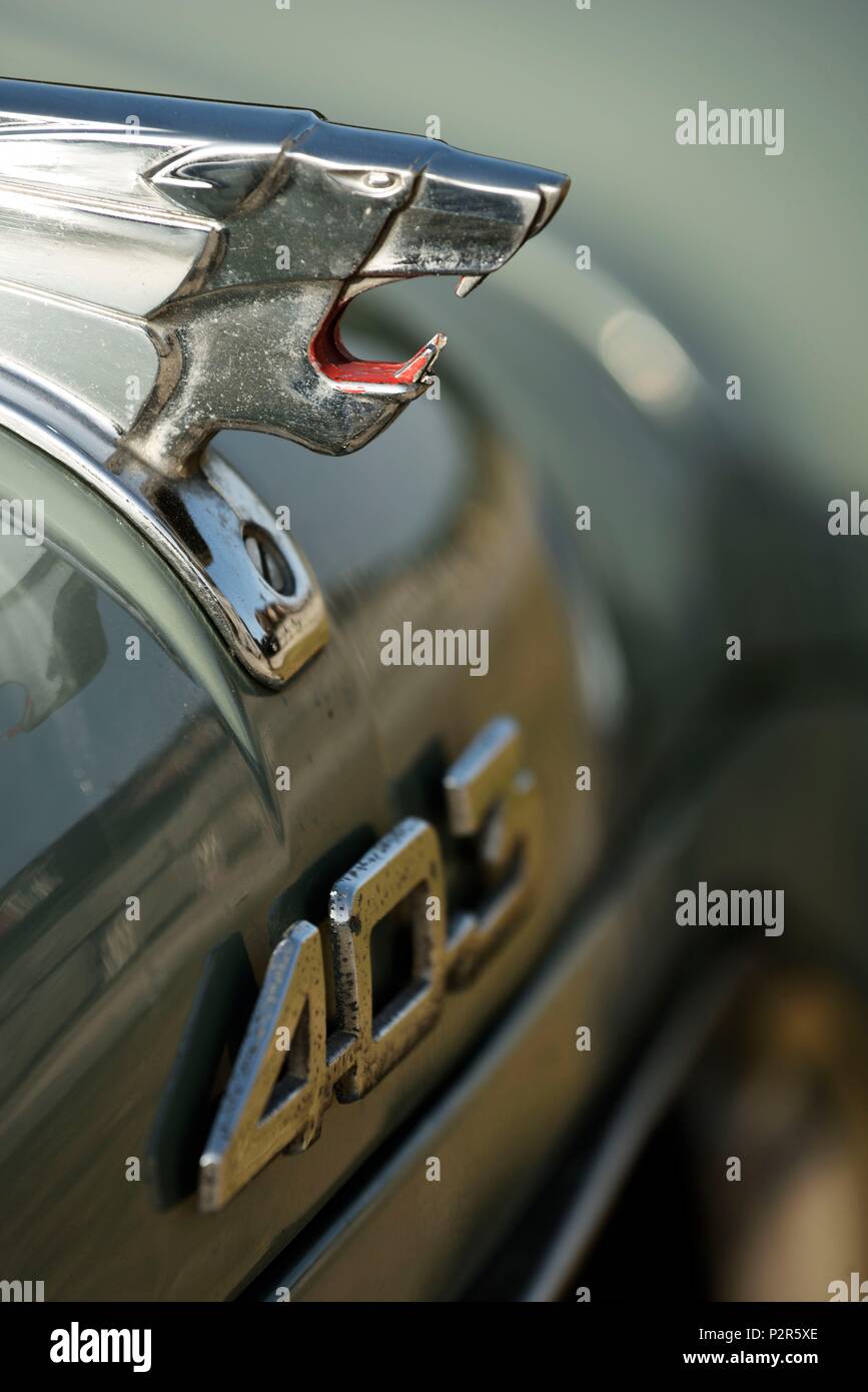 Frankreich, Doubs, Arc et Senans, der Saline Royale als Weltkulturerbe von der UNESCO, Automobil Peugeot 403, Calandre, Löwe Stockfoto