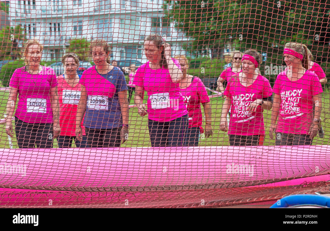 Die Baiter Park, Poole, Dorset, Großbritannien. 16. Juni 2018. Hunderte von Frauen in Recht schlammig Rennen für das Leben Geld für Krebsforschung Großbritannien über ein Hindernis Kurs über 5 km anzuheben und haben Spaß, der im Schlamm bedeckt. Credit: Carolyn Jenkins/Alamy leben Nachrichten Stockfoto