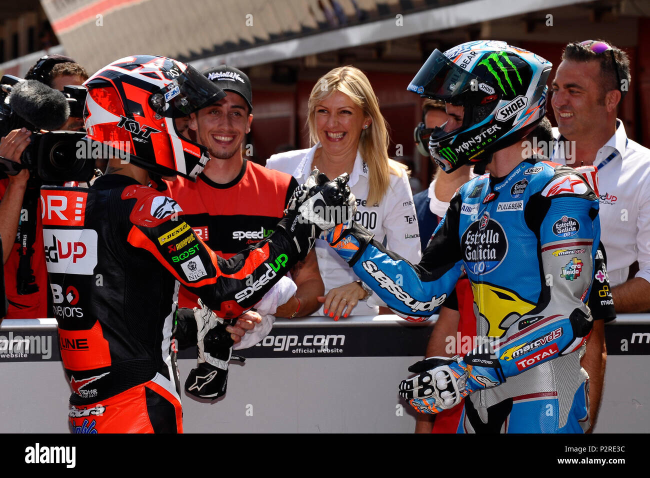 Montmelo, Spanien. 16 Jun, 2018. Fabio Crashdown (20) von Frankreich und Mb Förderanlagen - Beschleunigen Sie die Racing Speed Up und Alex Marquez (73) von Spanien und Eg 0,0 Marc VDS Kalex im Qualifying des Gran Premi Monster Energy de Catalunya, Circuit de Catalunya, Montmelo, Spanien. Am 16. Juni 2018. Credit: CORDON PRESSE/Alamy leben Nachrichten Stockfoto