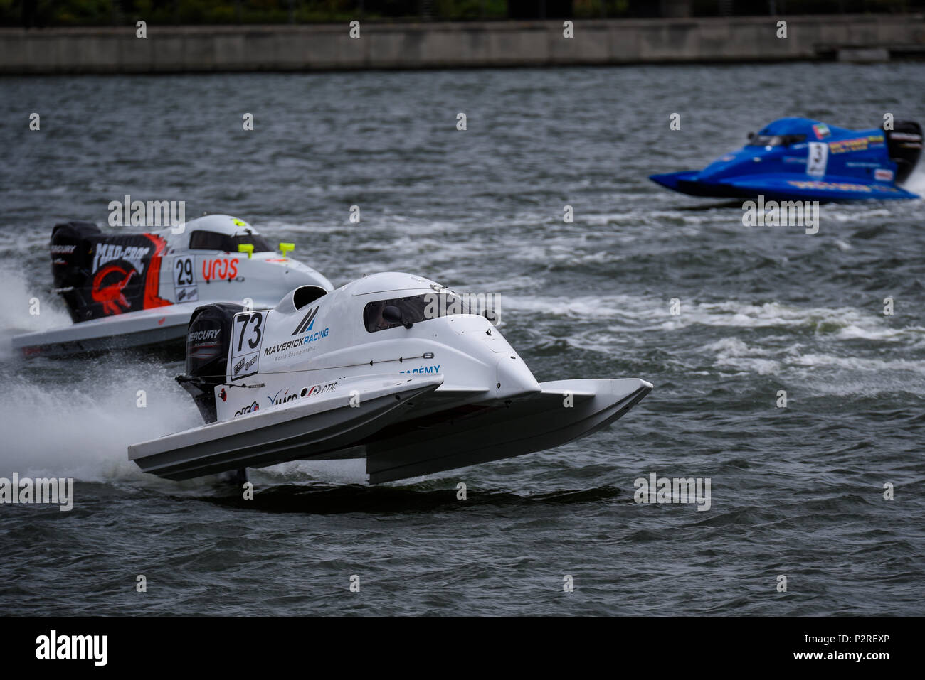 Xavier Autard fahren für Maverick racing in der F 1 H2O F4-S Motorboot Grand Prix in London am Royal Victoria Dock, Docklands, Newham, London, UK Stockfoto