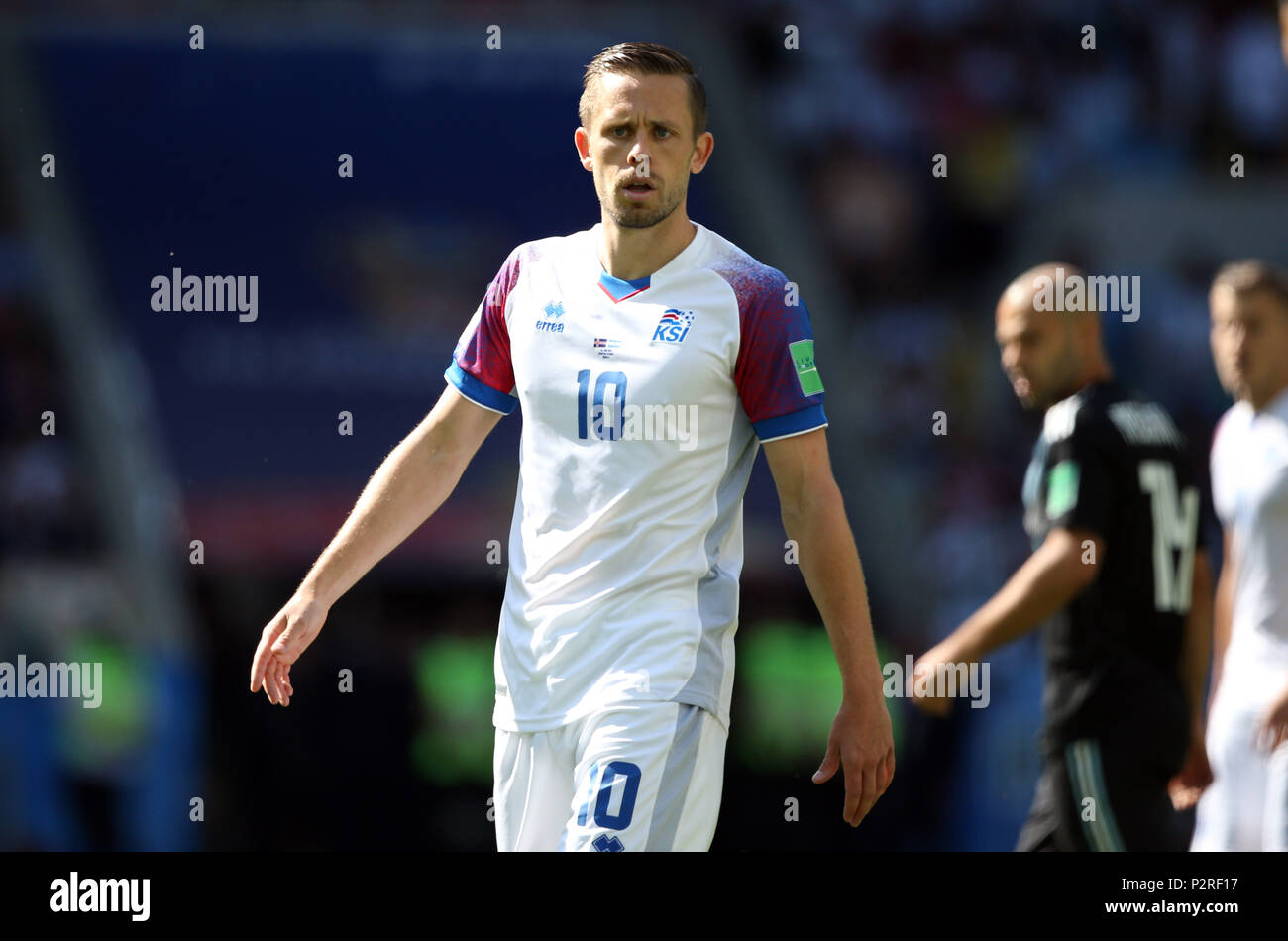 16.06.2018. Moskau, Russische: Sigurdsson in Aktion während des Spiels FIFA WM Russland 2018, Gruppe D, Fußballspiel zwischen Argentinien v Island in Spartak Stadium in Moskau. Stockfoto