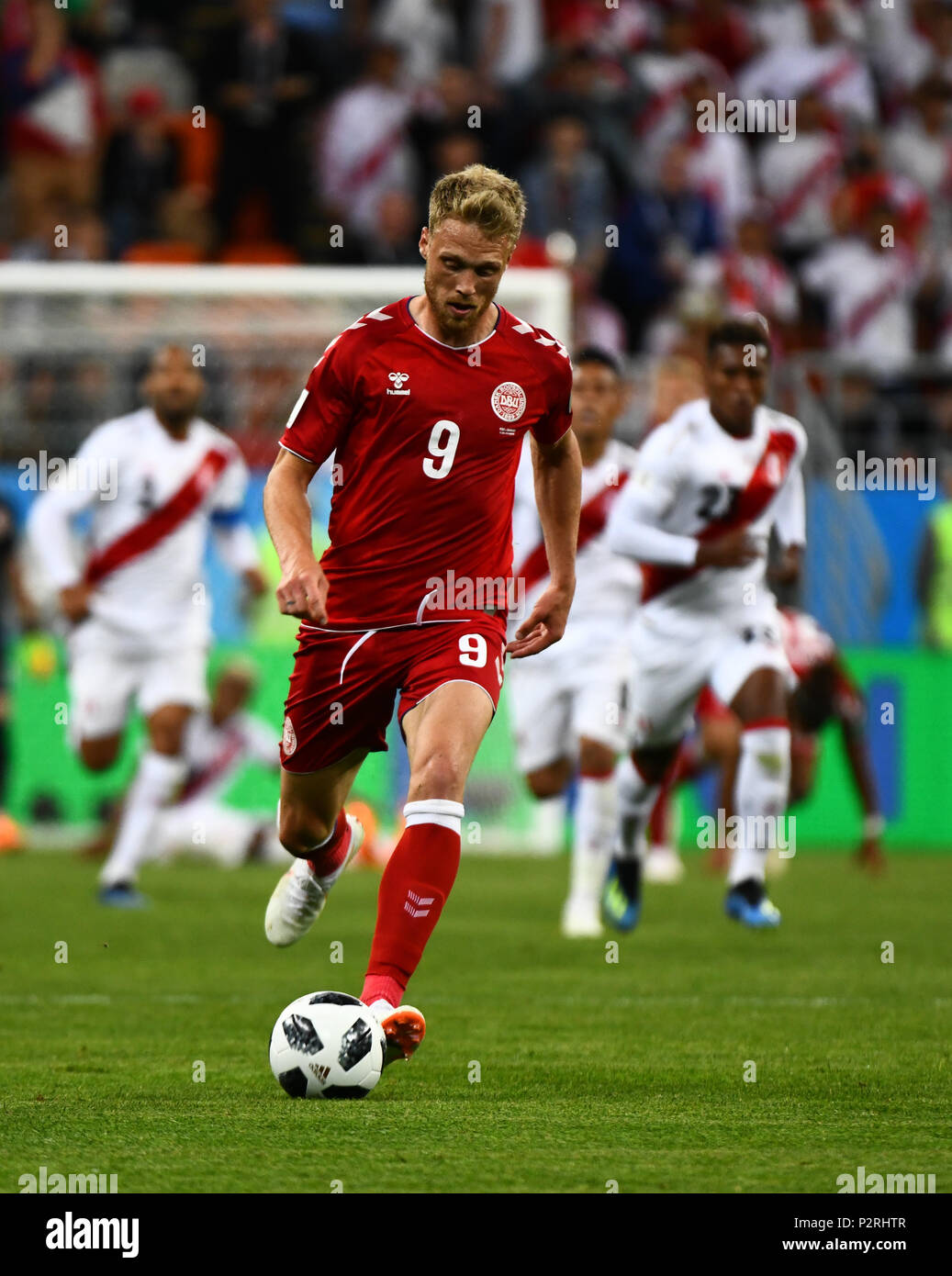 Mordovia Arena, Mordovia, Russland. 16 Juni, 2018. FIFA Fußball-WM, Gruppe C, Peru gegen Dänemark; Nicolai Jorgensen von Dänemark bricht - Bereich Credit: Aktion plus Sport/Alamy leben Nachrichten Stockfoto