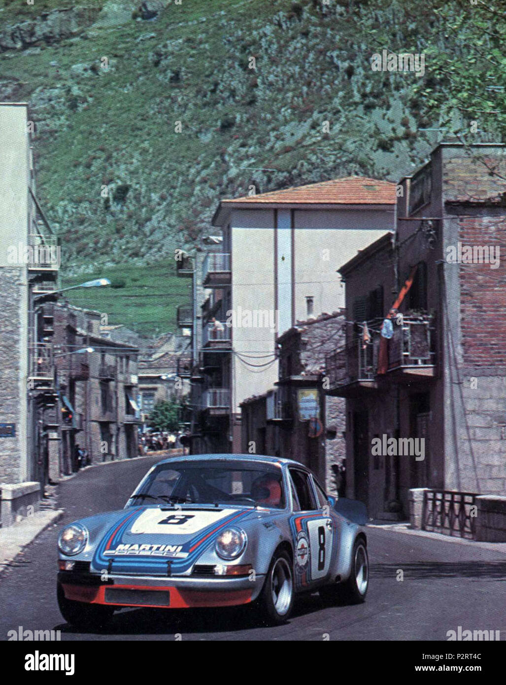 . Provinz Palermo (Sizilien, Italien), 'Piccolo Madonie "road", 13. Mai 1973. Der Porsche 911 Carrera RSR 3.0 (Gruppe 5) der Martini Racing Team bei der Targa Florio 1973. 13. Mai 1973. Unbekannt 72 Porsche 911 Carrera RSR Martini (1973 Targa Florio) Stockfoto
