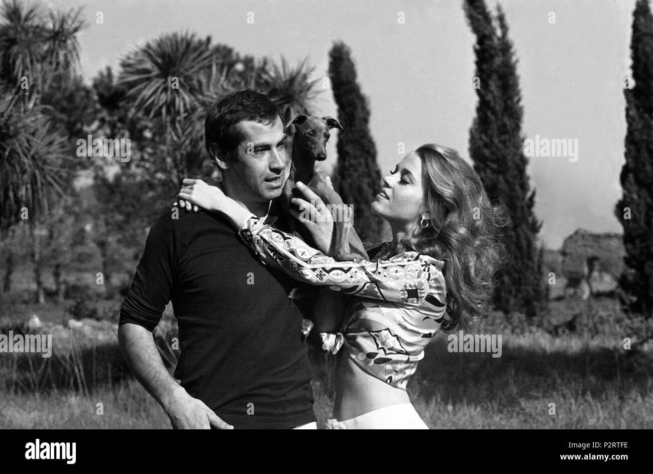 . Englisch: Roma, 24 aprile 1967. Da sinistra: Il regista francese Roger Vadim e l'attrice statunitense Jane Fonda, all'epoca marito e moglie, mentre giocano con il loro Zuckerrohr nella loro Villa Sull'Appia Antica, durante Il periodo di riprese del film Barbarella (1968) diretto da Vadim e interpretato wenn da Fonda. 24 April 1967, 08:00:00. AP Photo/GB 77 Roger Vadim und Jane Fonda (Rom, 1967) Stockfoto