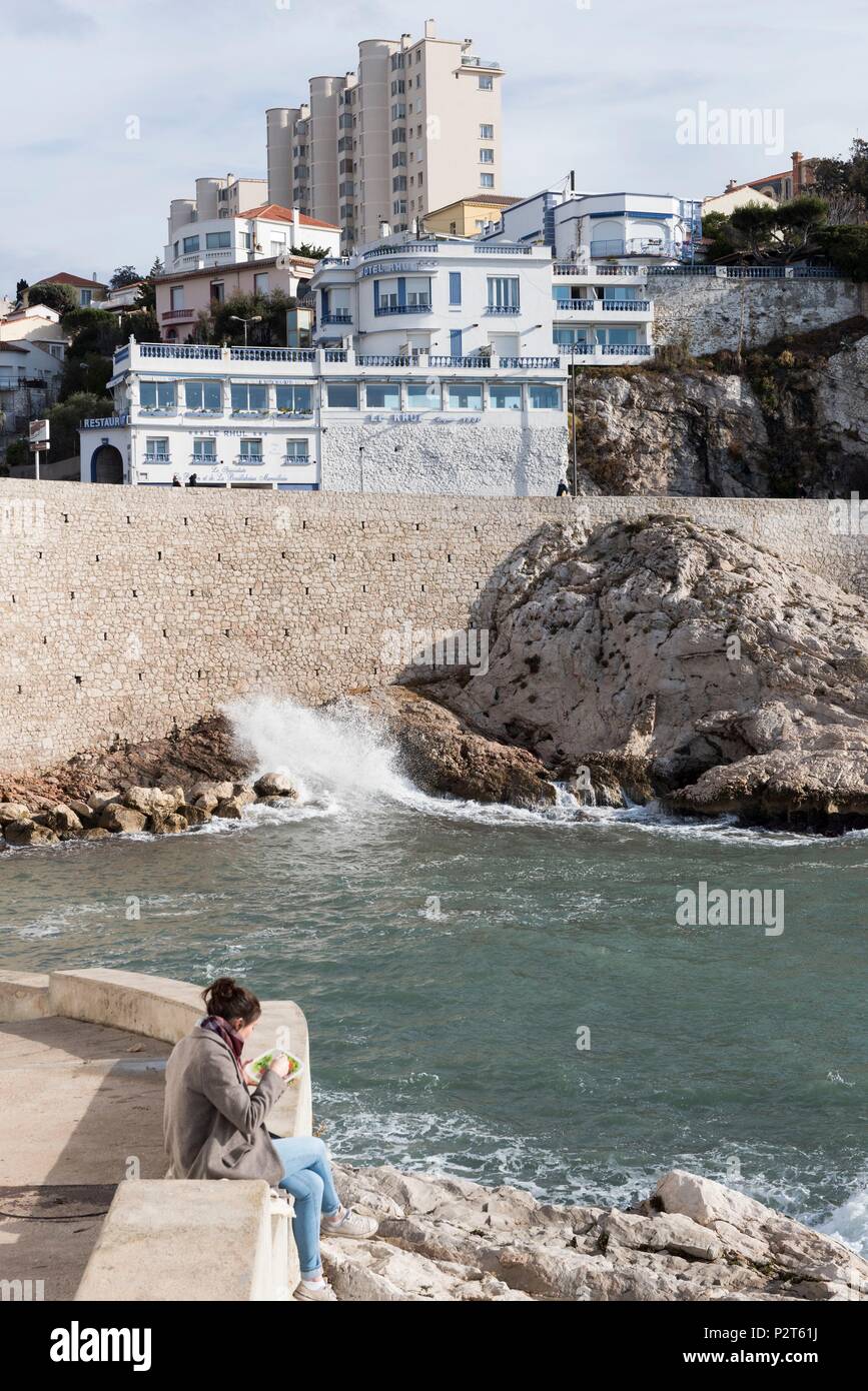 Frankreich, Bouches-du-Rhone, Marseille, La Corniche, Anse de la Fausse Monnaie, Hotel Restaurant Le Ruhl Stockfoto