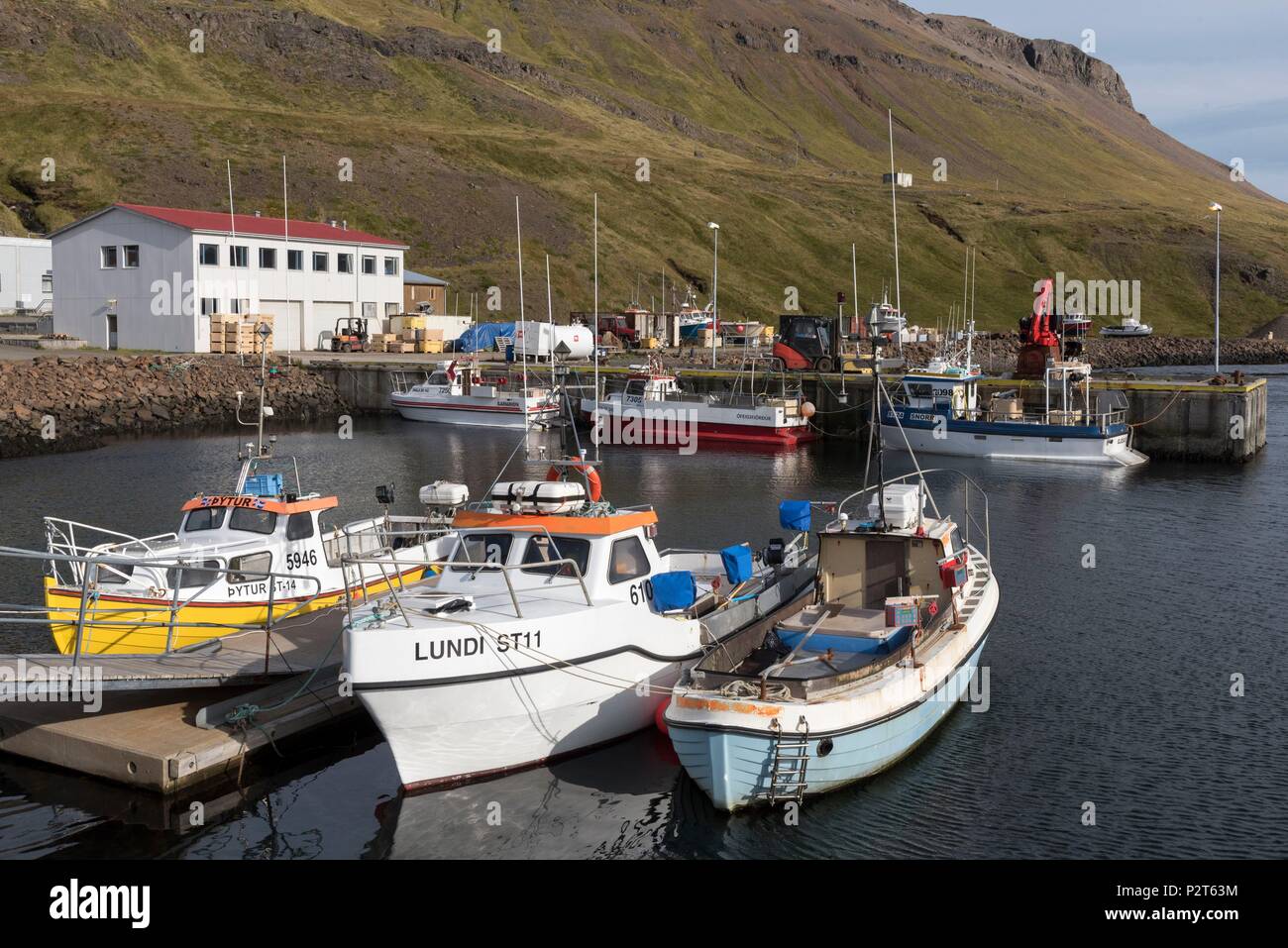 Island, Westfjorde, Arneshreppur, Nordurfjordur, Fischerboote im Hafen Stockfoto