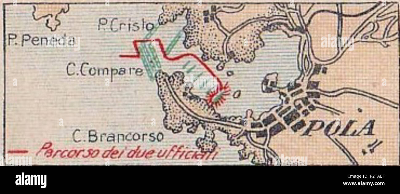 . Englisch: Regelung der Italienischen commando Angriff auf österreichisch-ungarischen Pula Hafen auf den 31. Oktober 1918. Als Propaganda Postkarte vom Büro für die Mitarbeiter des italienischen Royal Navy veröffentlicht. 18 November 2016, 22:16:41. Büro der Mitarbeiter des italienischen Royal Navy 9 Angriff auf Pula Hafen 31 10 1918 Stockfoto