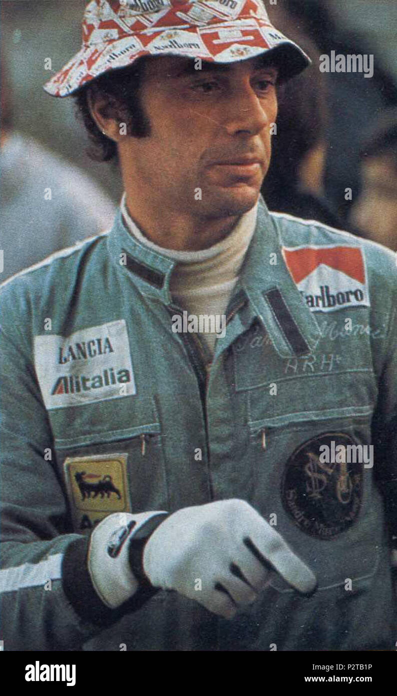 . Englisch: Italienische Fahrer Sandro Munari von Lancia Alitalia nach seiner Pensionierung im Jahre 1975 Rallye San Remo. Zwischen dem 1. Oktober 1975 und 4. Oktober 1975. EQUIPE MOTOR 79 Sandro Munari (Lancia Alitalia) - 1975 Rallye Sanremo Stockfoto