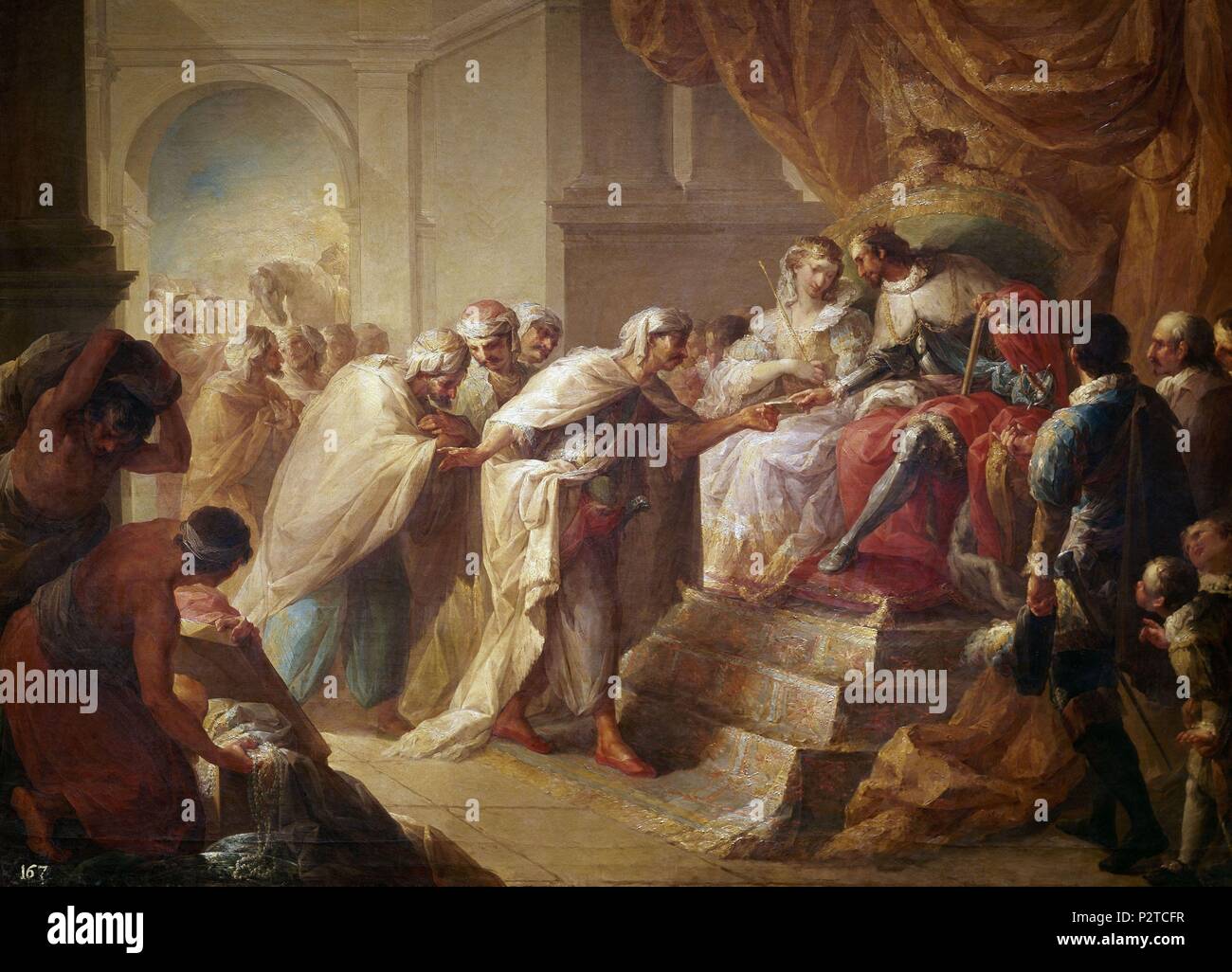 Die Katholischen Könige empfangen die Botschafter von Fes. Leinwand Gemälde im Jahre 1790. Madrid, Akademie von San Fernando. Autor: Vicente Lopez Portaña (1772-1850). Ort: ACADEMIA DE SAN FERNANDO - PINTURA, MADRID, SPANIEN. Stockfoto