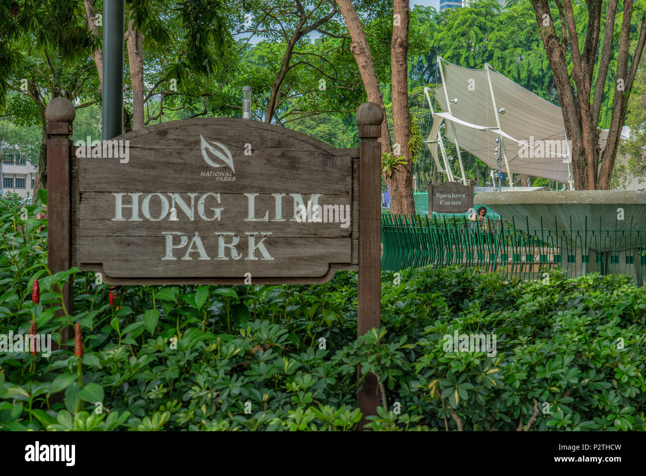 Singapur - 10. Juni 2018: Hong Lim Park mit Speakers Corner Zeichen Stockfoto