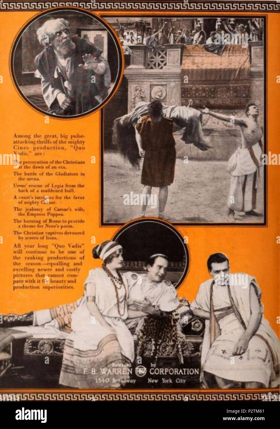 . Englisch: American Werbung für die italienische Epic Film Quo Vadis (1913), von einem Einfügen nach Seite 10 der 27. August 1921 Aussteller Verkünder. Oben links: Augusto Mastripietri als Chilo. Oben rechts: Ursus (Bruto Castellani) und Vinicius (amleto Novelli) bitten das Publikum und Kaiser Nero zur Gnade der christlichen Lygia (Lea Giunchi), nach Ursus der Stier auf die Rückseite Lygia getötet hat gebunden worden war. Das Publikum tobt, weil von Ursus' Tour de Force. Vinicius hat sein Tuch seine Narben von den Kriegen zu zeigen, während Ursus, Lygia hält. Alles rund um Nero halten ihre Daumen hoch für Gnade. Bo Stockfoto