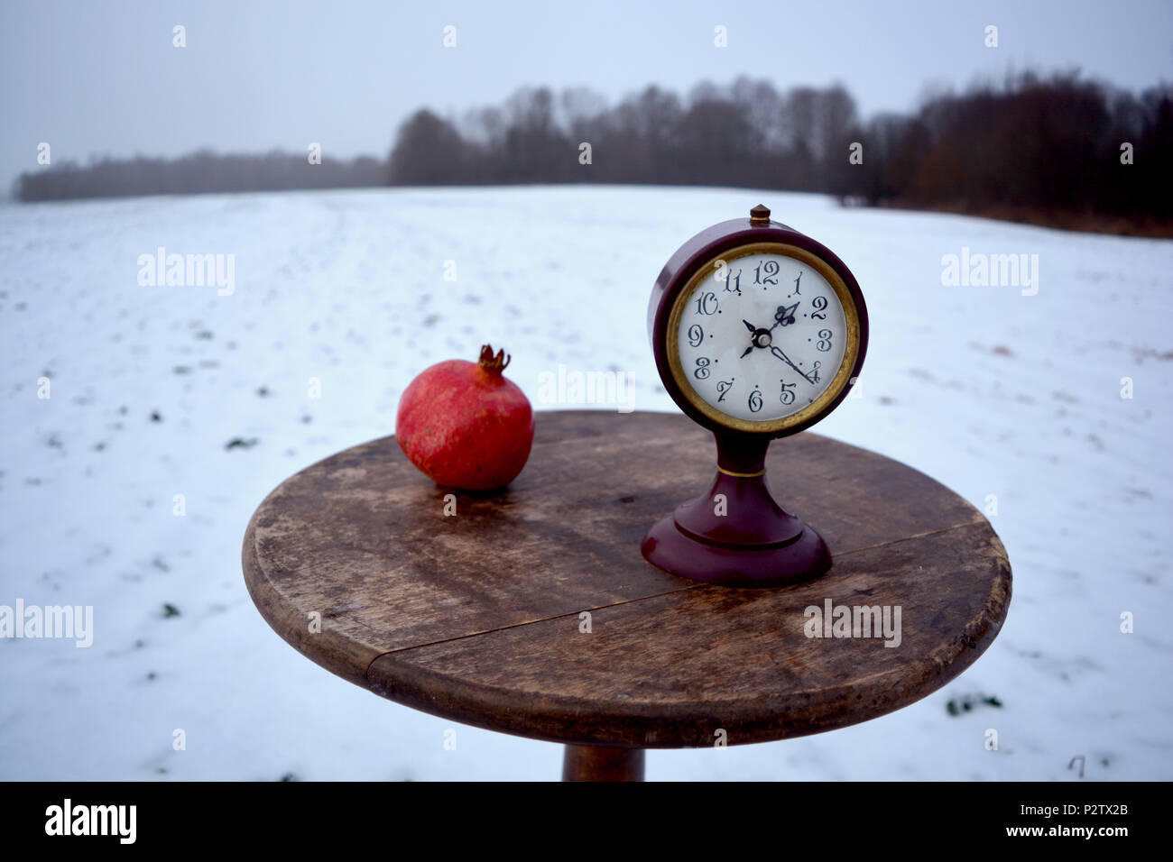 Winter Still-Leben und alten Wecker auf Kreis Holz- retro Tabelle auf schneebedeckten Feld Stockfoto