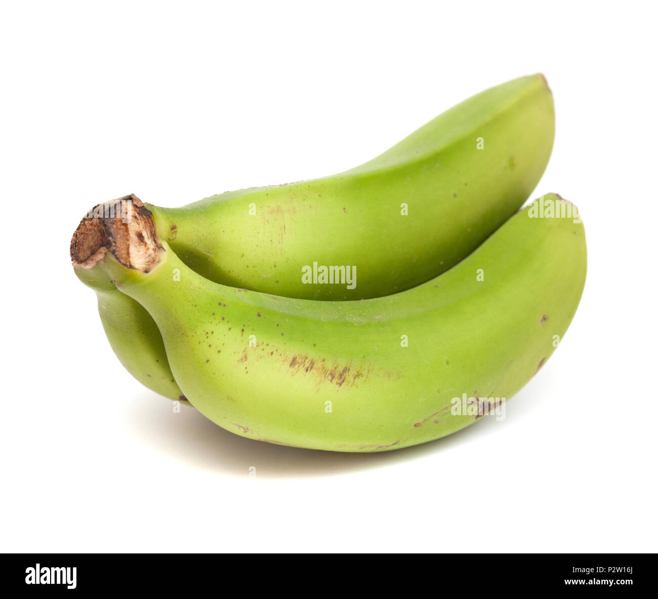 Ein Cluster von grünen Bananen auf weißem Hintergrund Stockfoto