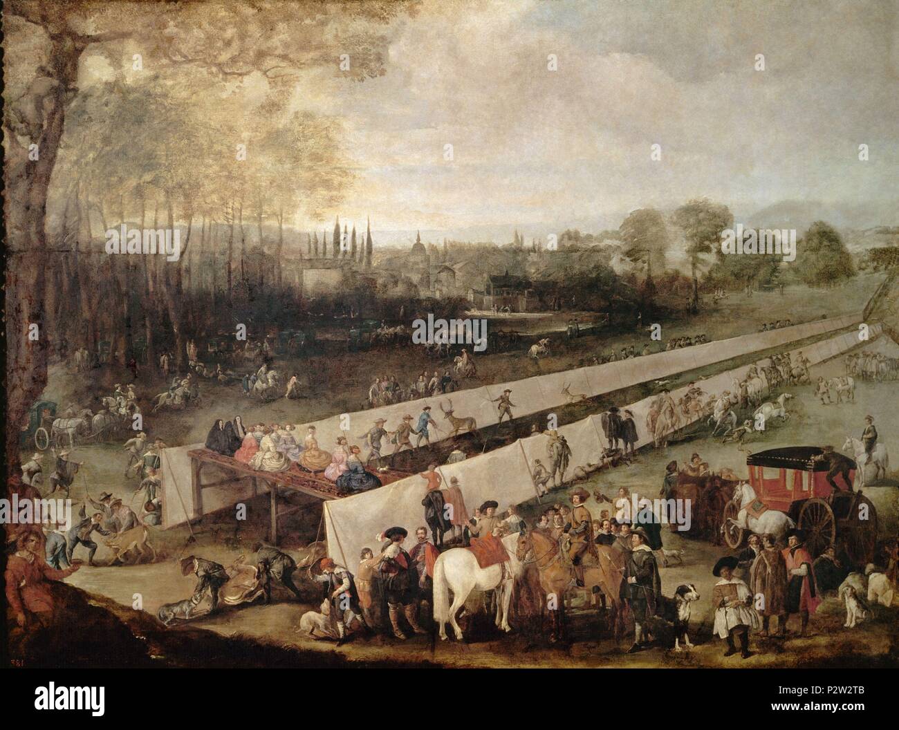 Der tag Jagen in Aranjuez', Ca. 1640, Spanischen Barock, Leinwand, 187 cm x 249 cm, P 02571. Autor: Juan Bautista Martínez del Mazo (C. 1612-1667). Lage: Museo del Prado - PINTURA, MADRID, SPANIEN. Auch als: LA CACERIA DEL TABLADILLO EN ARANJUEZ bekannt. Stockfoto