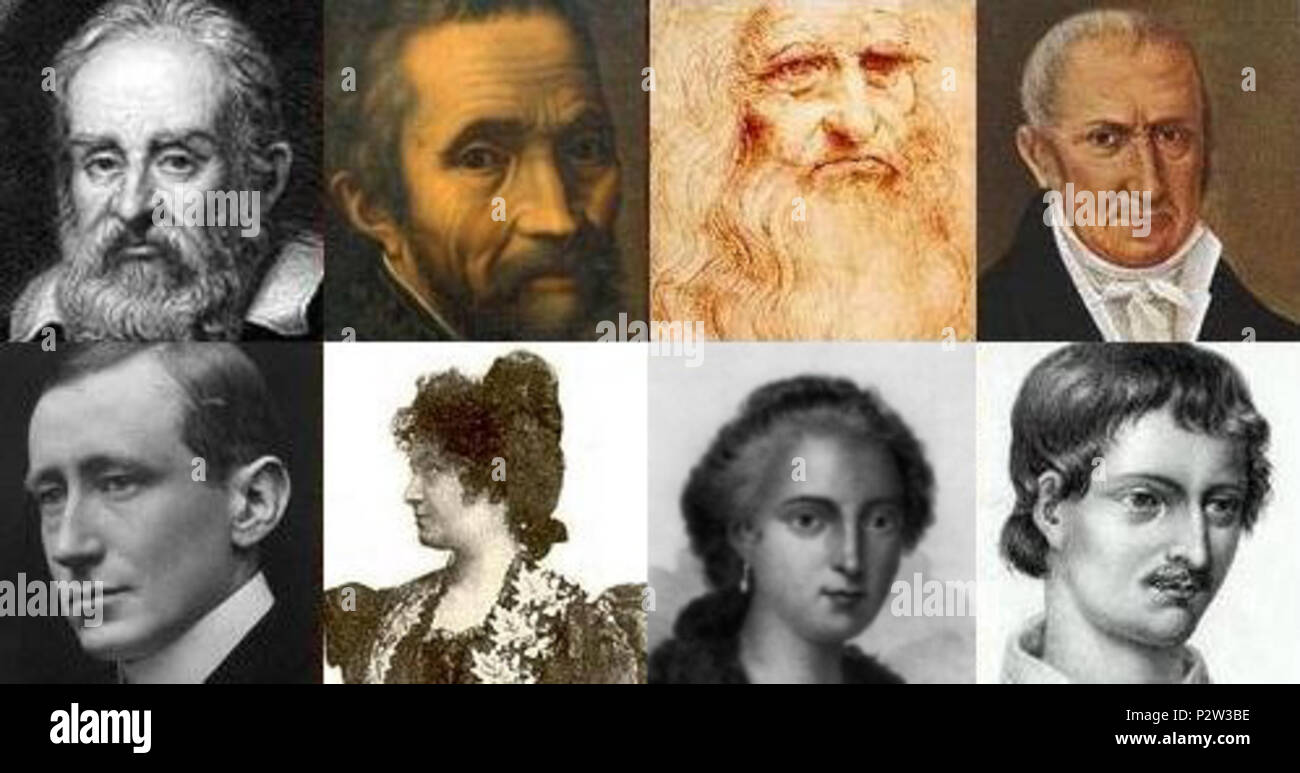 . Englisch: Collage von Bildern, die das italienische Volk. (Von links nach rechts): Galileo Galilei, Michelangelo, Leonardo da Vinci, Alessandro Volta. Unten (von links nach rechts): Guglielmo Marconi, Maria Montessori, Maria Gaetana Agnesi, Giordano Bruno. ??????????:????????? ????????? ??????? ???? ???????????? ?????????? . 29. September 2007. Auf der vorhergehenden auf Basis von M. V. E. ich, außer in Oriana Fallaci, mit Maria Gaetana Agnesi durch Sicilianmandolin 27 berühmte Italiener ersetzt Stockfoto