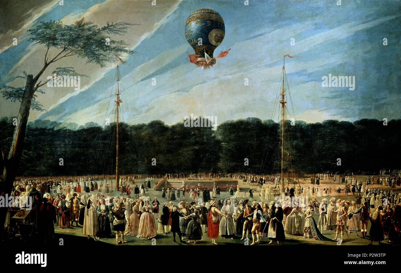 "Die Besteigung eines Montgolfier Ballon in Aranjuez", 1784, Öl auf Leinwand, 169 cm x 279,5 cm, P 00641. Autor: Antonio Carnicero (1748-1814). Lage: Museo del Prado - PINTURA, SPANIEN. Stockfoto