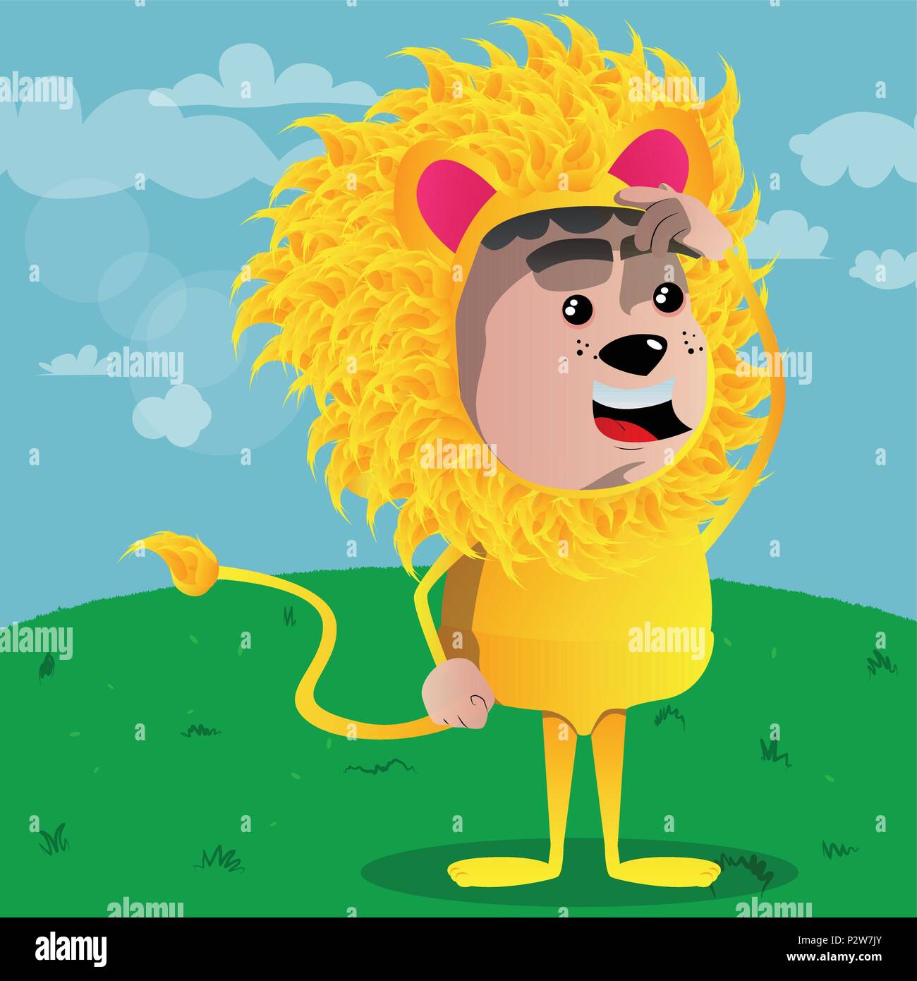 Junge verkleidet als Lion verwirrt. Vektor Zeichentrickfigur Abbildung. Stock Vektor
