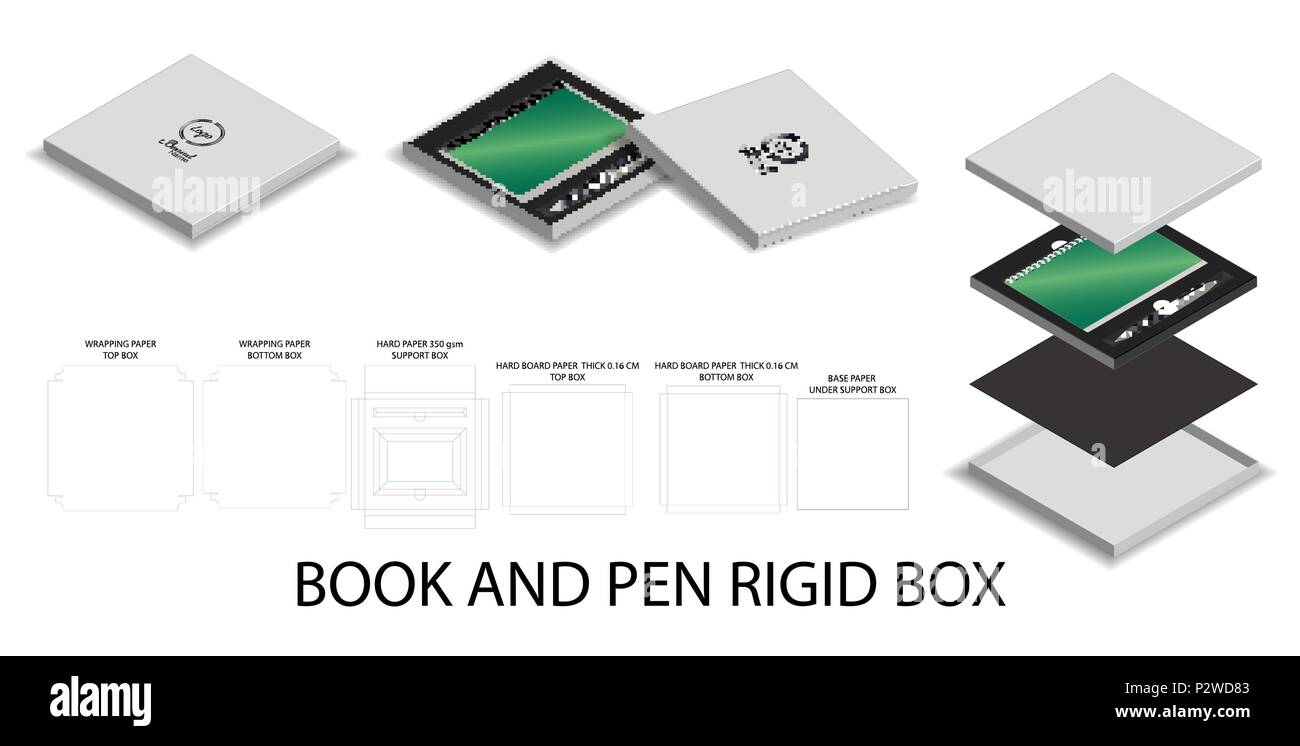 3D-Modellerstellung und dieline für Buch und Stift Stock Vektor