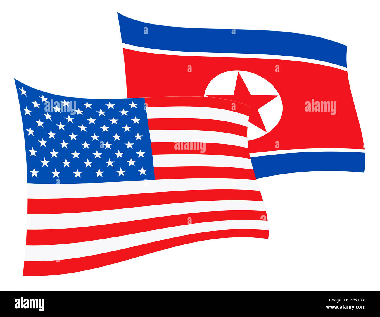 Nordkorea und die Vereinigten Staaten Gespräche Flaggen 3d-Abbildung. Zeigt die Diplomatie oder der Verteidigung und der Freundschaft zwischen Pjöngjang und Usa Stockfoto
