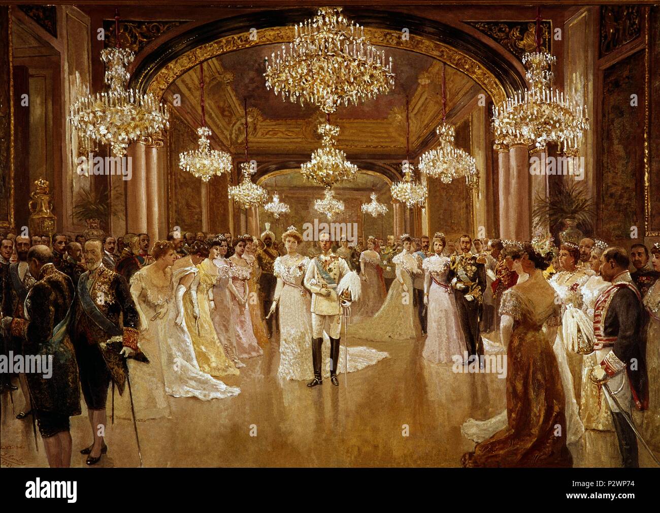 LLEGADA DEL CORTEJO HONEYMOON AL PALACIO DE ORIENTE - REZEPTION POR LA BODA DE Alfonso XIII CON VICTORIA EUGENIA DE BATTENBERG EN 1906. Autor: Juan Comba (1852-1924). Lage: PALACIO REAL - PINTURA, MADRID, SPANIEN. Stockfoto