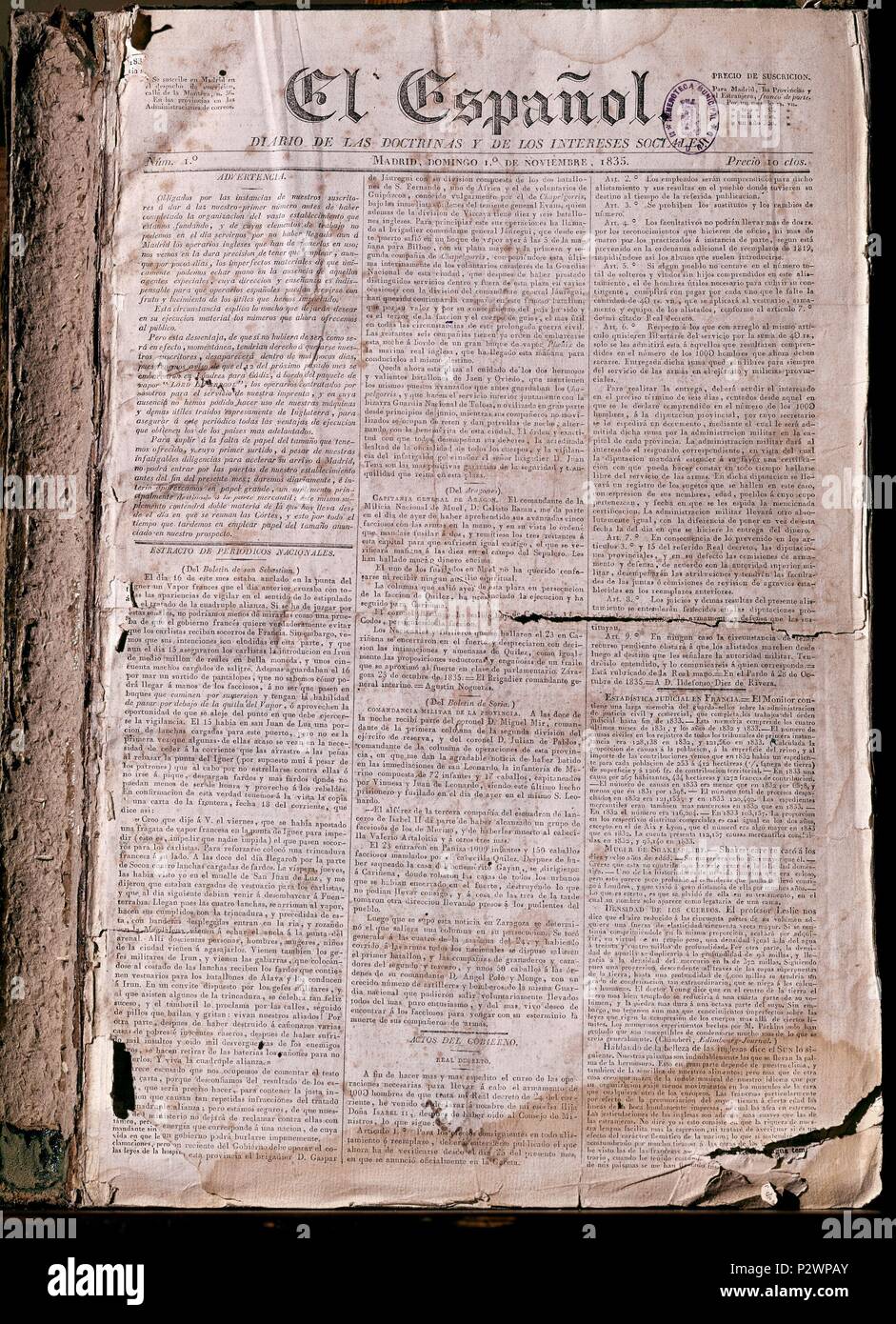 PERIODICO EL ESPANOL 1835. Lage: Biblioteca Municipal, SPANIEN. Stockfoto