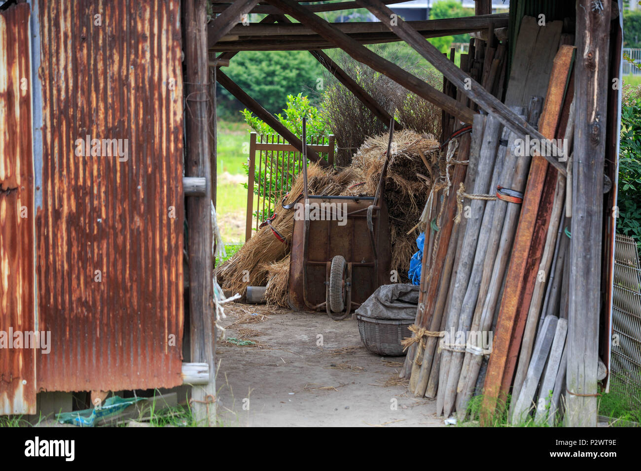 Verrostete Schubkarre mit Heu und Holzpfählen im rustikalen landwirtschaftlichen Schuppen Stockfoto