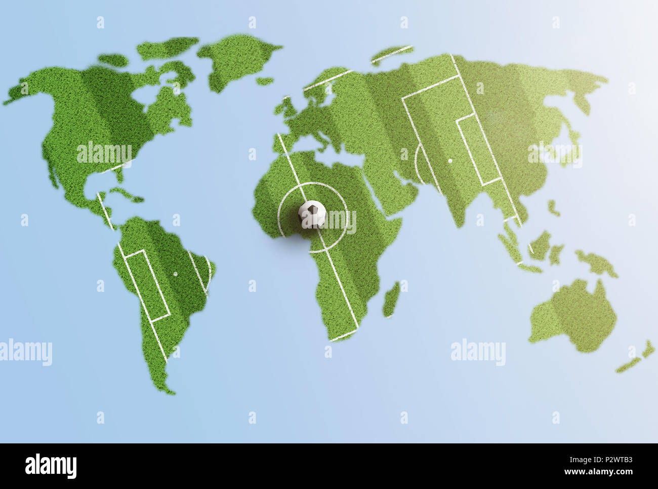 Grüne Gras Fußball Feld auf Weltkarte Stockfoto