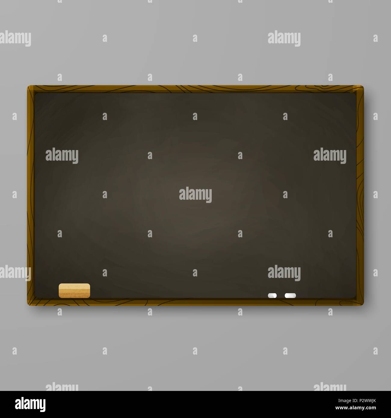 Braun schwarzen Brettes auf graue Wand. Tafel mit Kreide und Radiergummi. Vector Illustration Stock Vektor