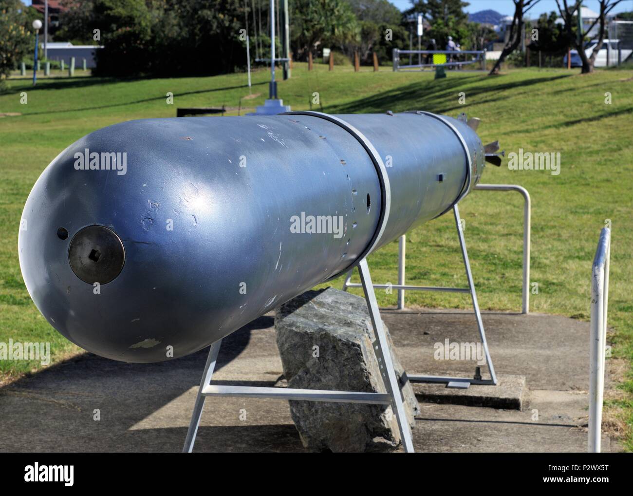 MK 8 Torpedo Rakete Teil der Ausbildung Schiff Vendetta am Display in Coffs Harbour Jetty Watten Australien als am 16. Juni 2018. Stockfoto