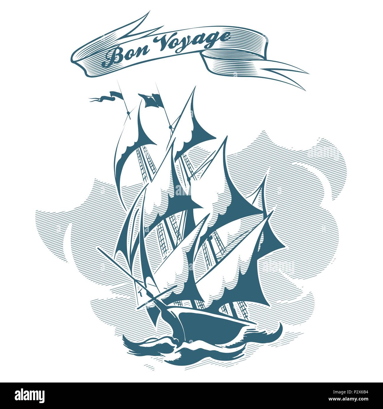 Segelschiff in Gravur Retro Stil und Band mit Bon Voyage Formulierung gezeichnet. Vector Illustration. Stock Vektor
